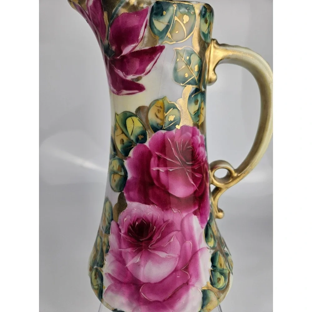Vintage Hand Painted Rose‎ Porcelain Pitcher Gold Gilt Trim Wow!